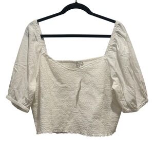 NEW American Eagle Smocked Puff Sleeve Top Womens XXL White Cotton Linen Cropped
